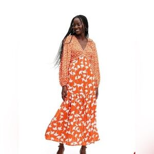 Diane Von Furstenberg Orange V-Neck Bishop Sleeve Dress